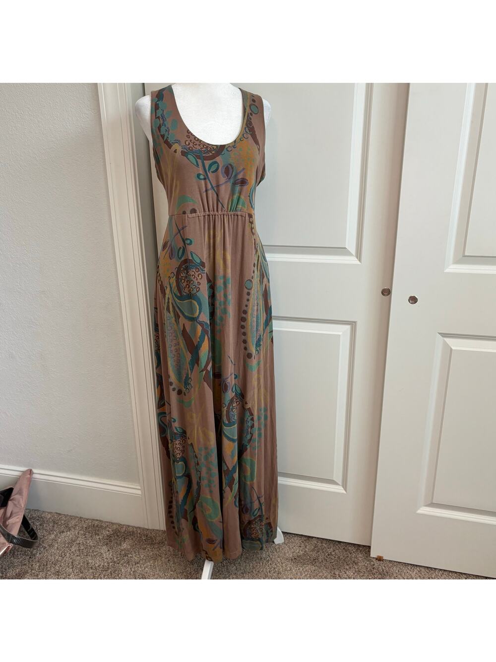 Fresh Produce Women’s Jersey Knit Brown S Artsy Printed Maxi Dress Stretchy
